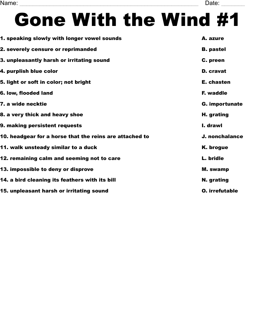 Gone With the Wind #1 Worksheet