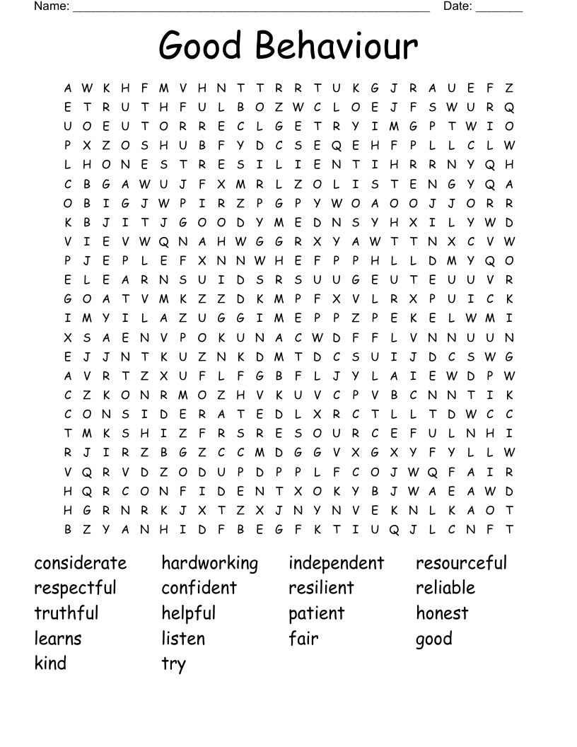 Good Behaviour Word Search