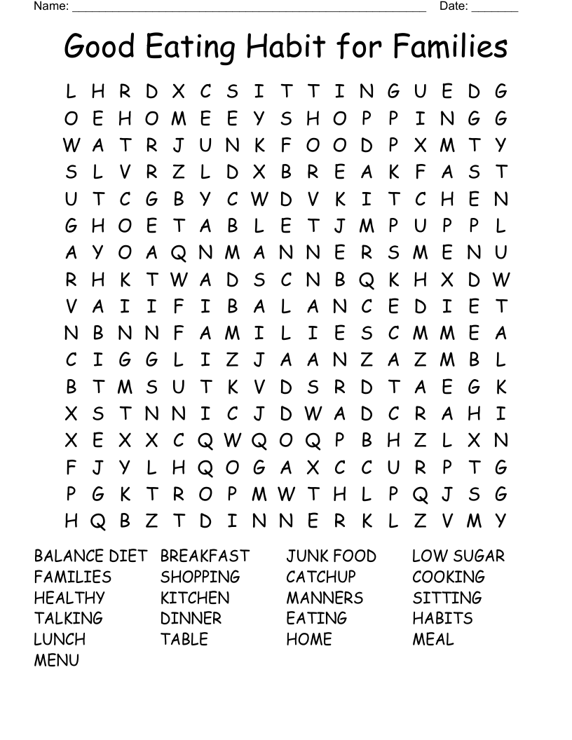 Good Eating Habit for Families  Word Search