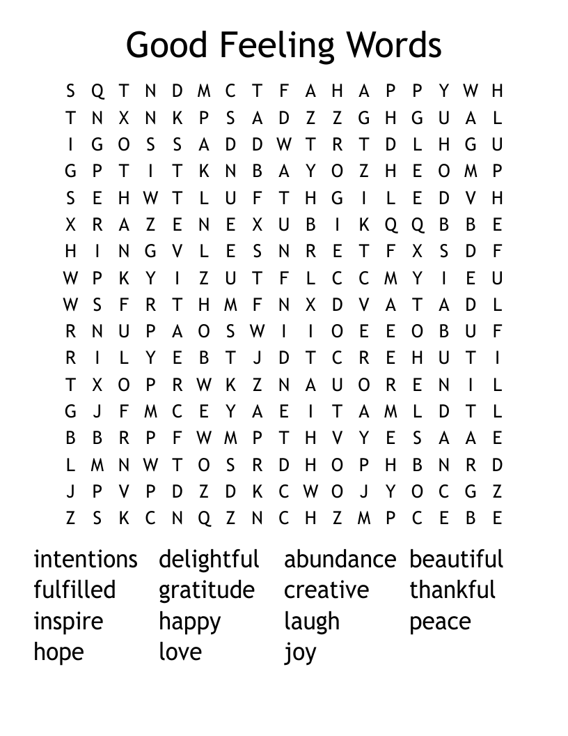 Good Feeling Words Word Search