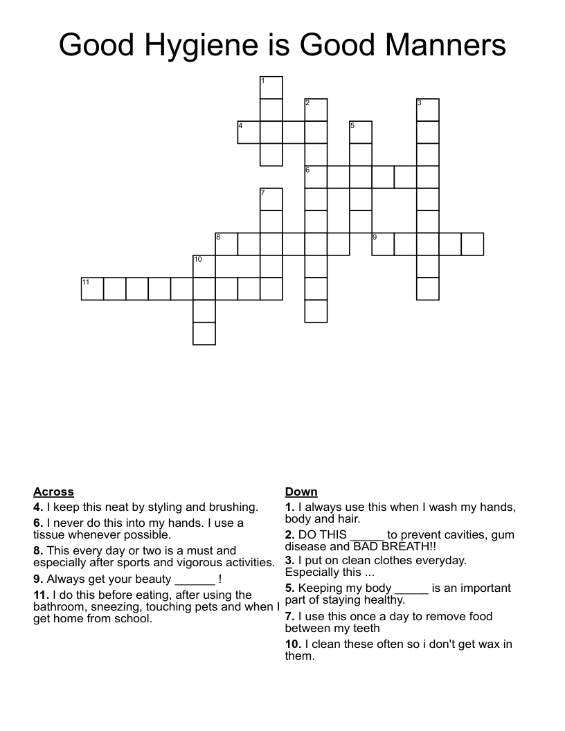 Good Hygiene is Good Manners Crossword