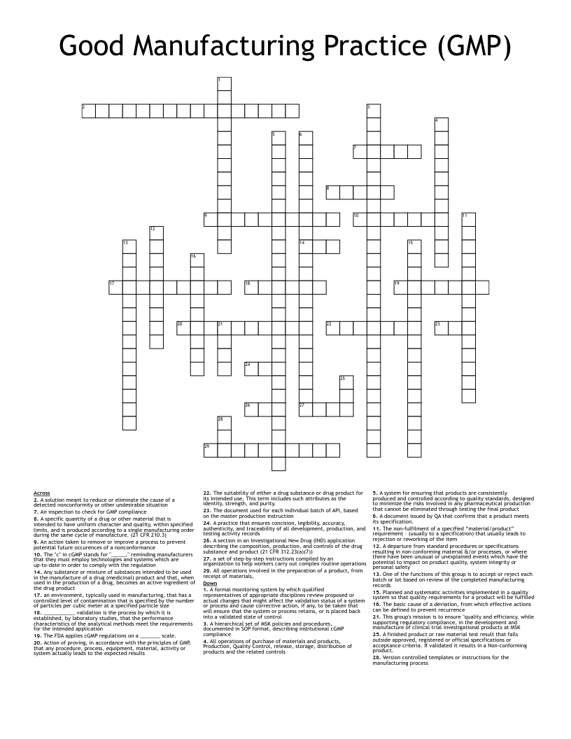 Good Manufacturing Practice (GMP) Crossword