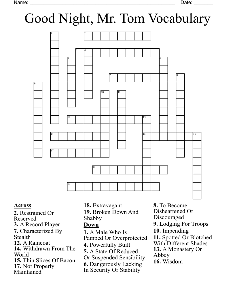 Good Night, Mr. Tom Vocabulary Crossword