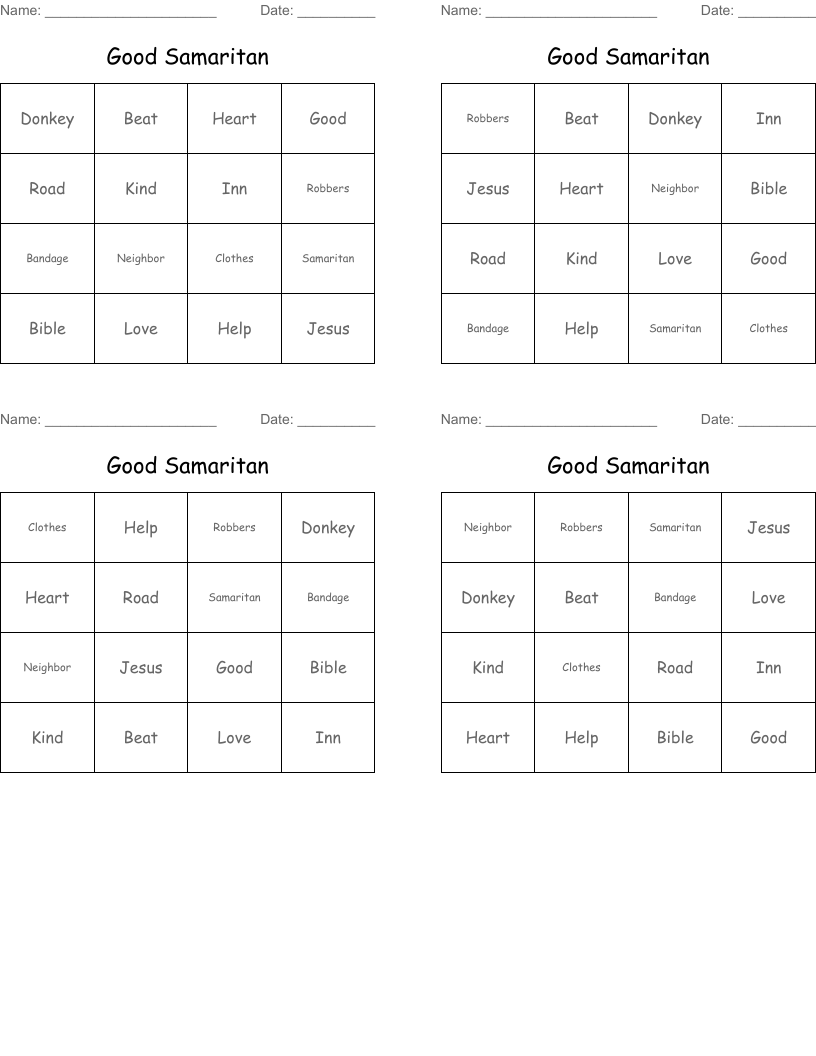 Good Samaritan Bingo Cards
