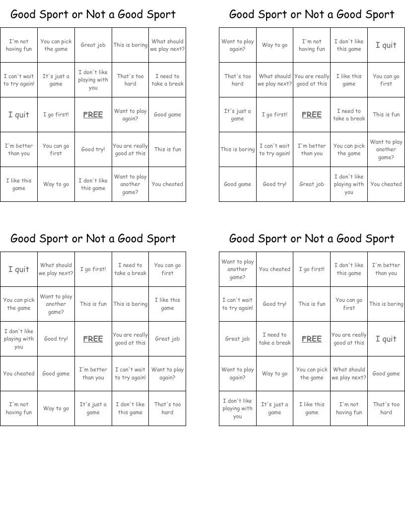 Good Sport or Not a Good Sport Bingo Cards