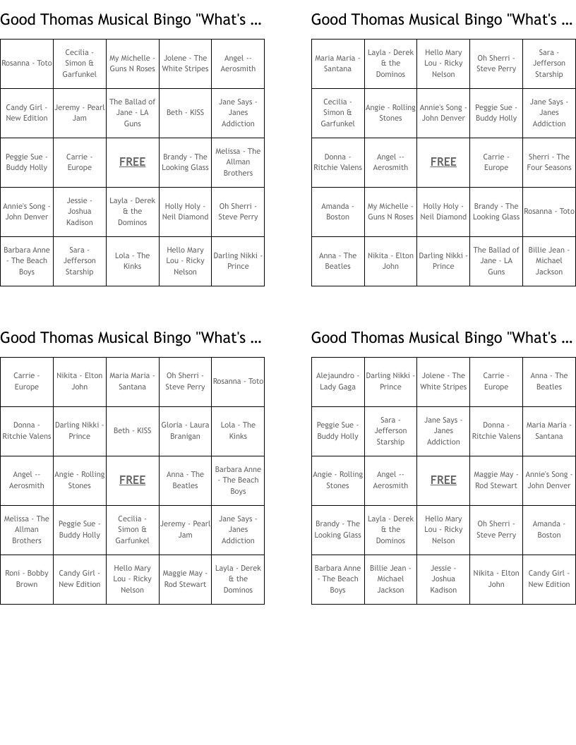 Good Thomas Musical Bingo       "What's Your Name?"