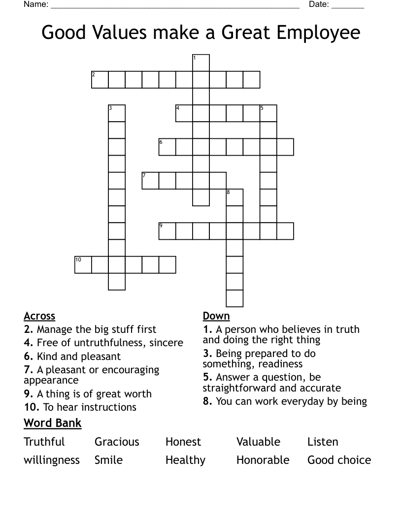 Good Values make a Great Employee Crossword