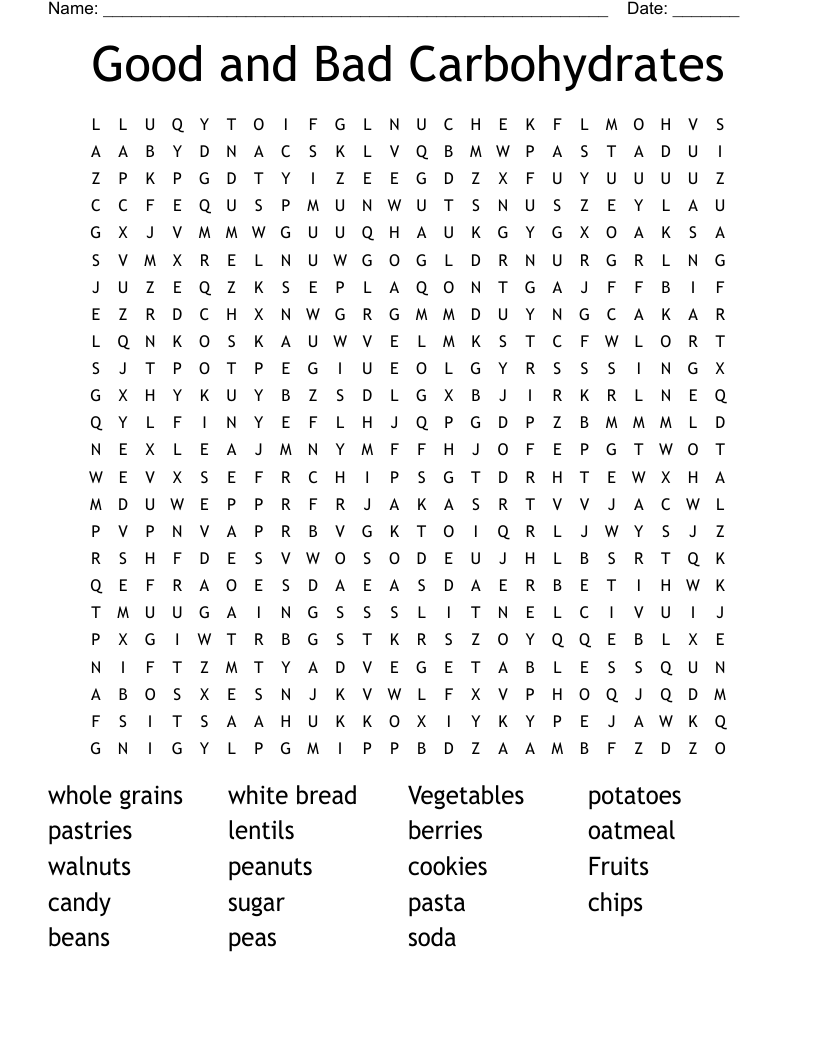 Good and Bad Carbohydrates  Word Search
