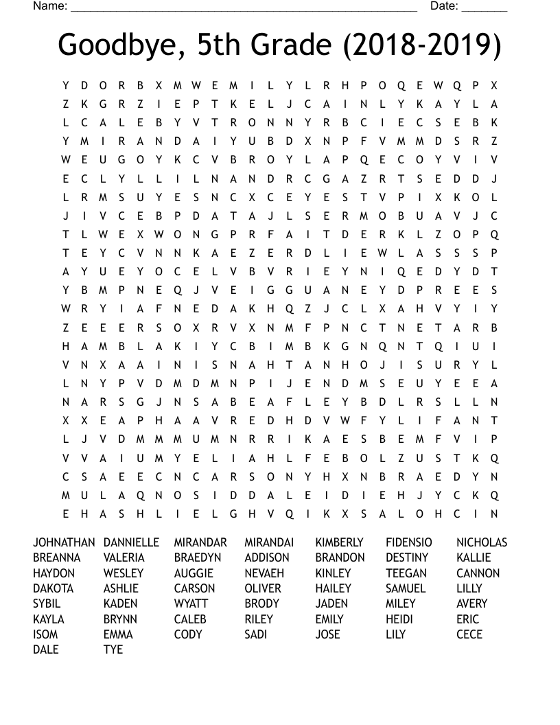 Goodbye, 5th Grade (2018-2019) Word Search