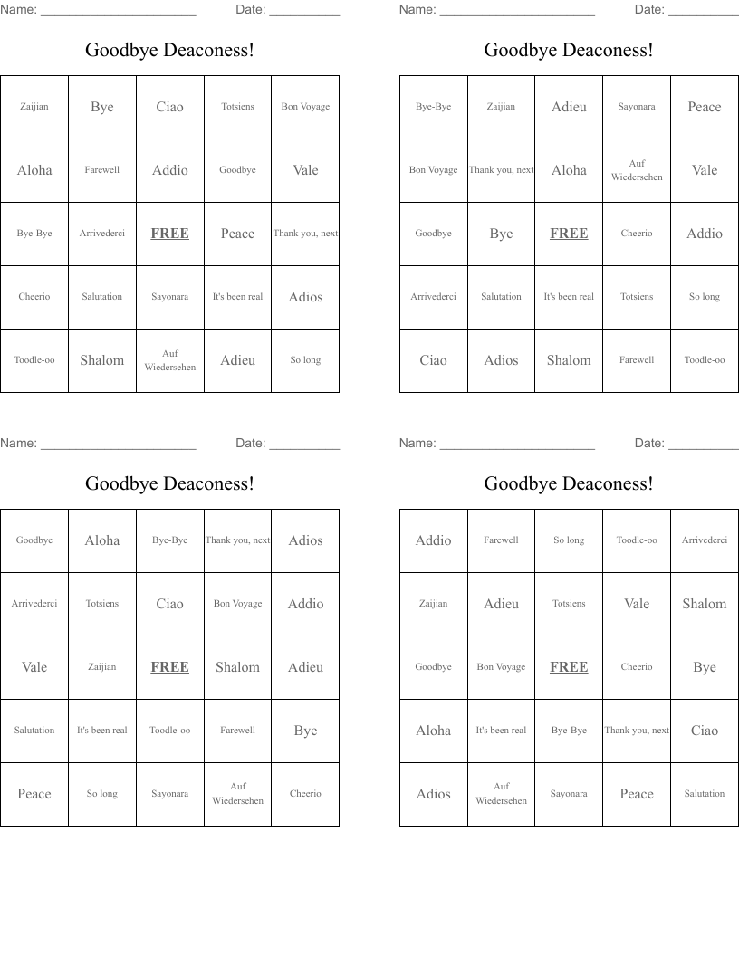 Goodbye Deaconess! Bingo Cards