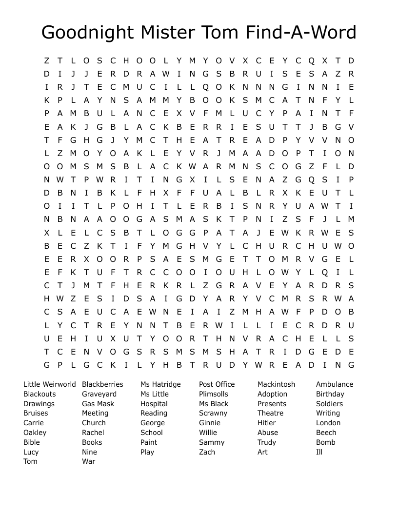 Goodnight Mister Tom Find-A-Word Word Search
