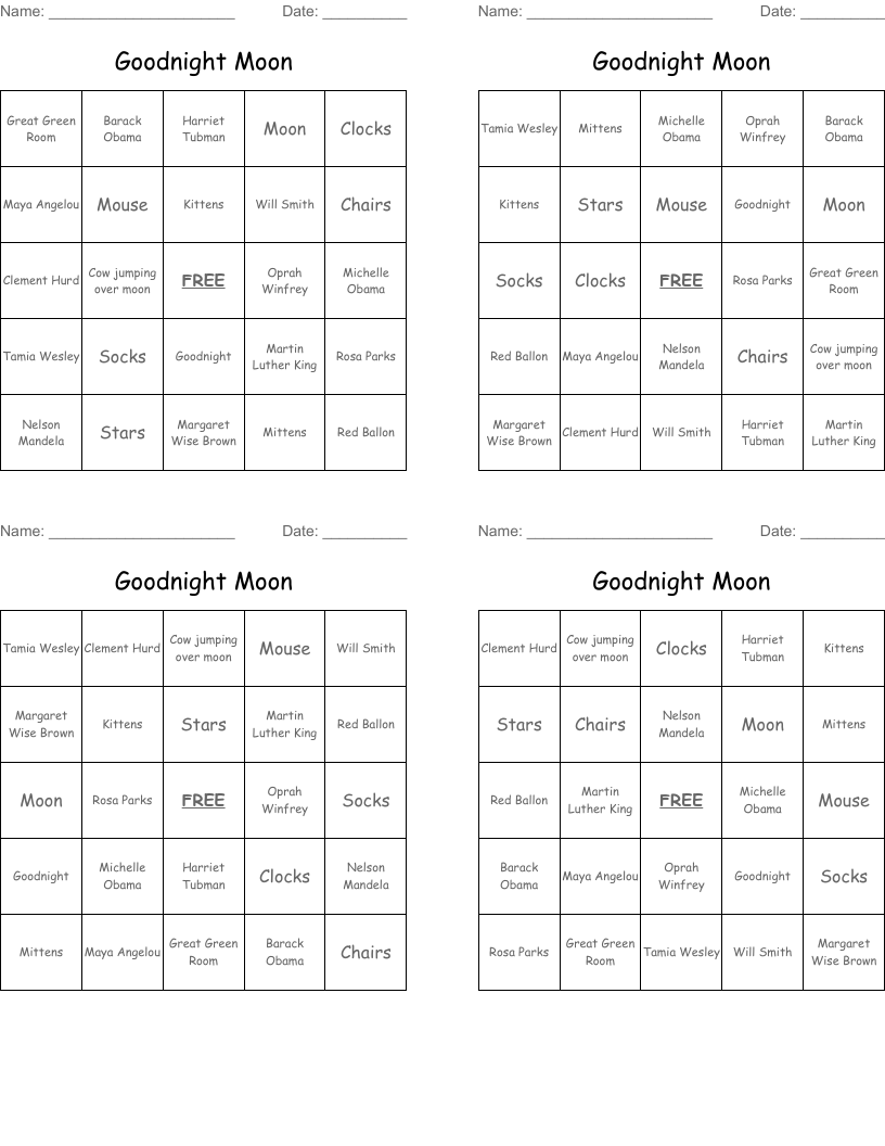 Goodnight Moon Bingo Cards