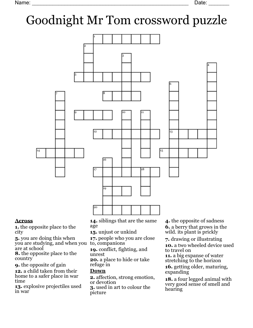 Goodnight Mr Tom crossword puzzle