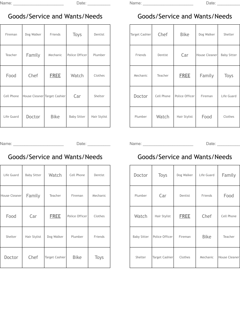 Goods/Service and Wants/Needs Bingo Cards