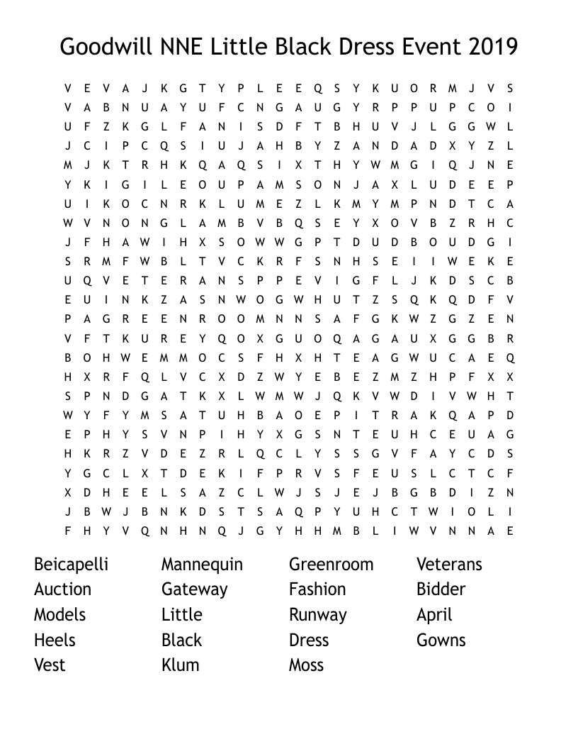 Goodwill NNE Little Black Dress Event 2019 Word Search