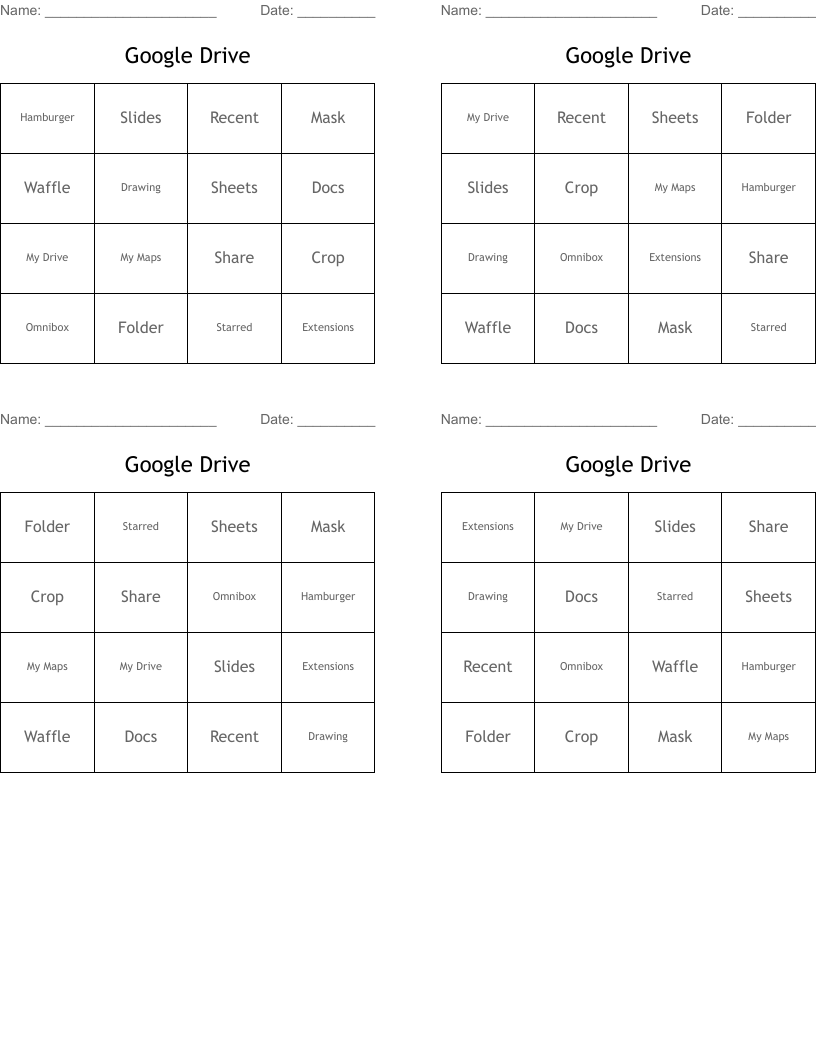 Google Drive Bingo Cards