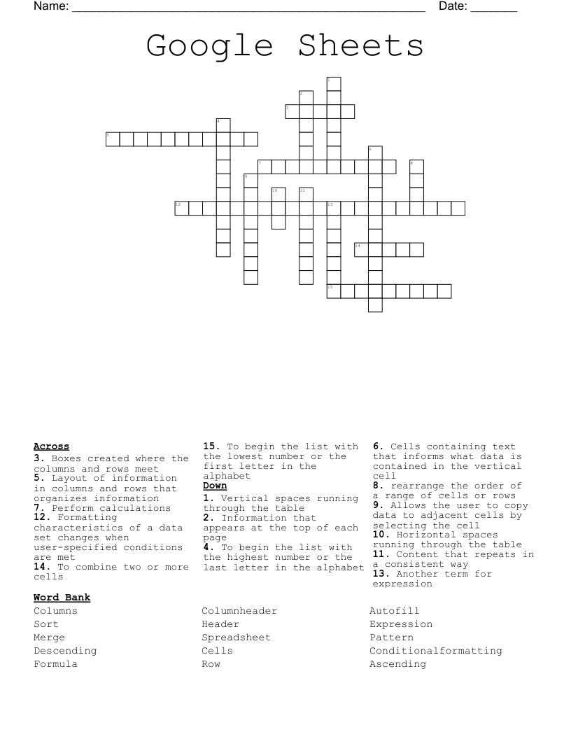 Google Sheets Crossword