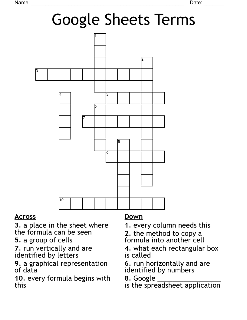 Google Sheets Terms Crossword