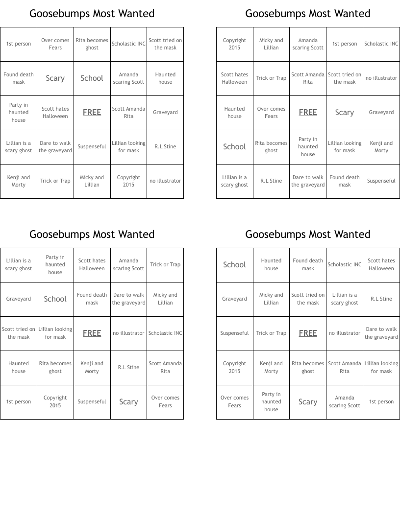 Goosebumps Most Wanted Bingo Cards