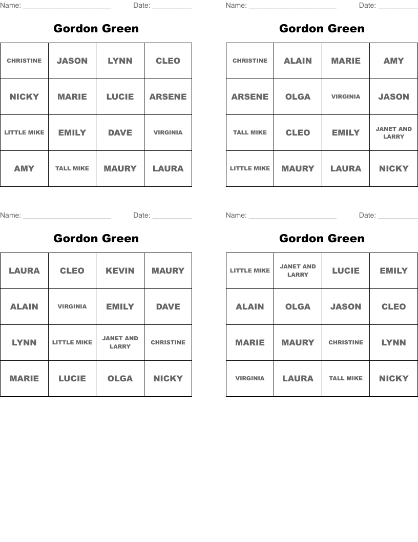 Gordon Green Bingo Cards