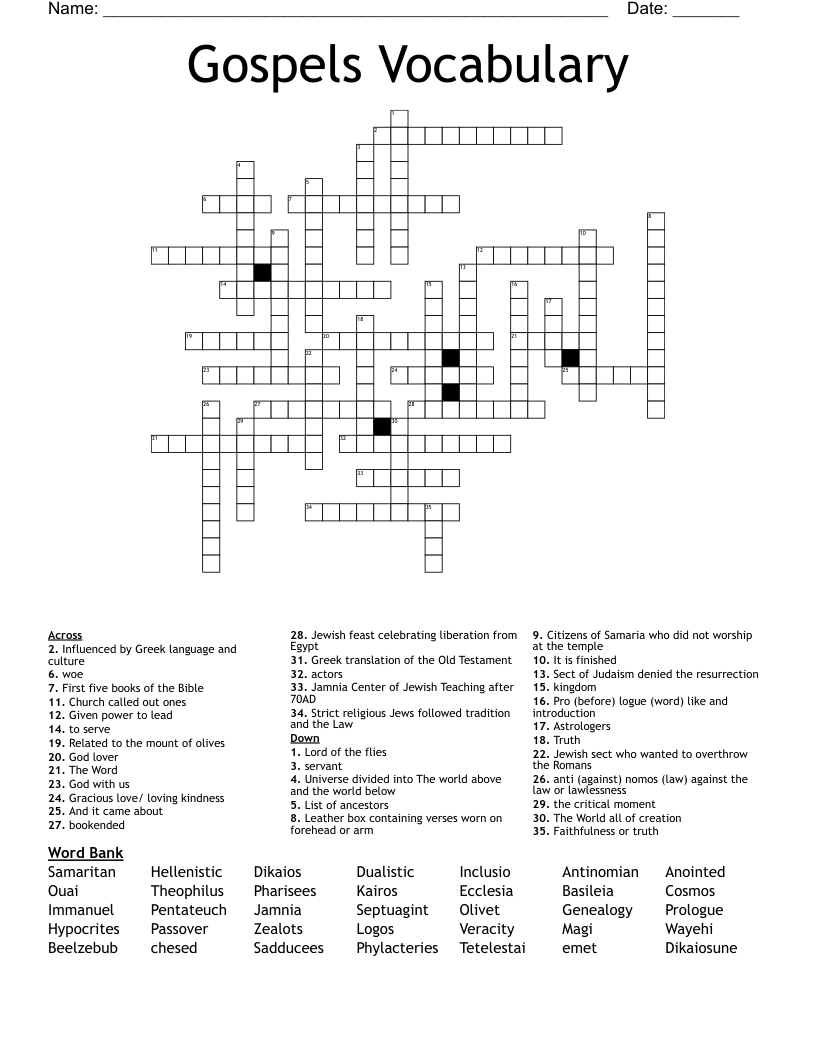 Gospels Vocabulary Crossword