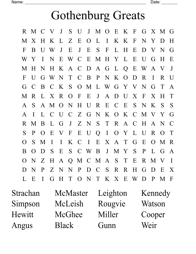 Gothenburg Greats Word Search