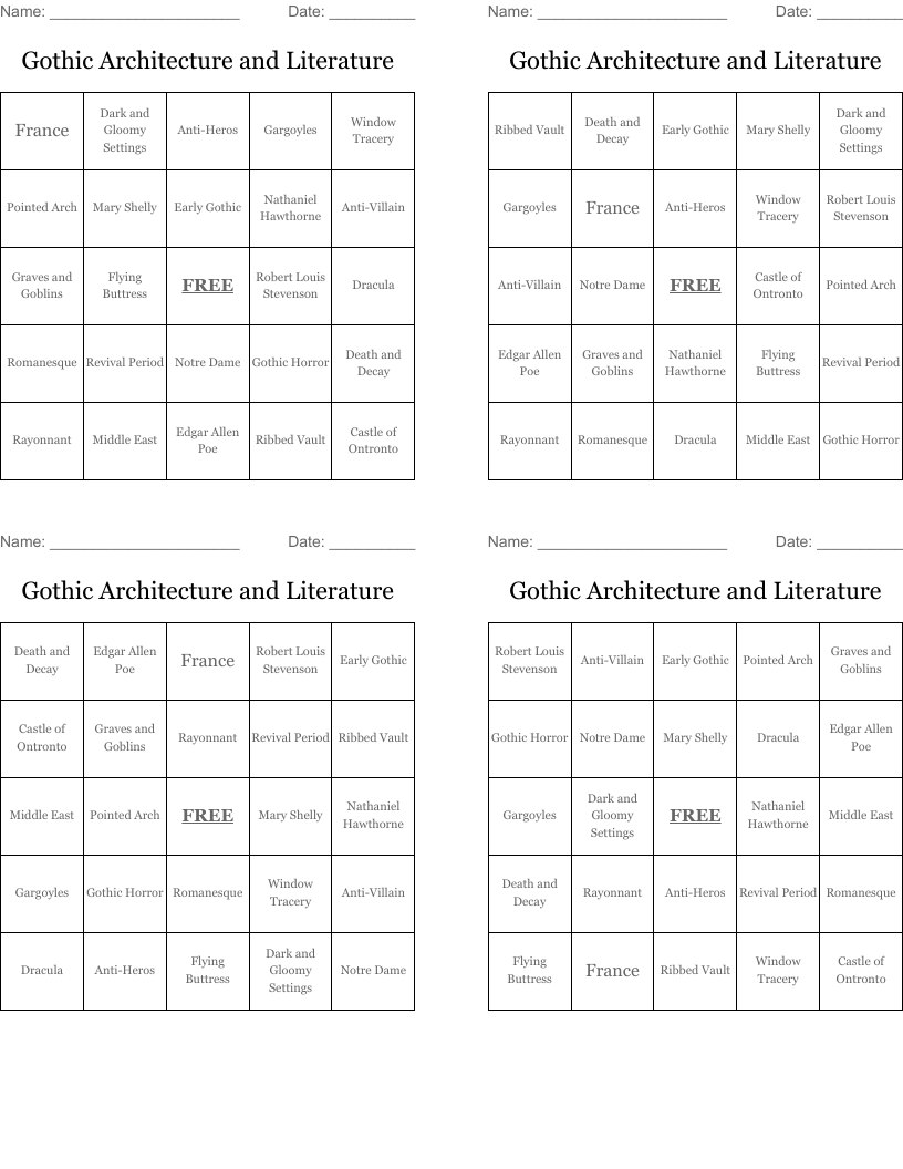 Gothic Architecture and Literature Bingo Cards