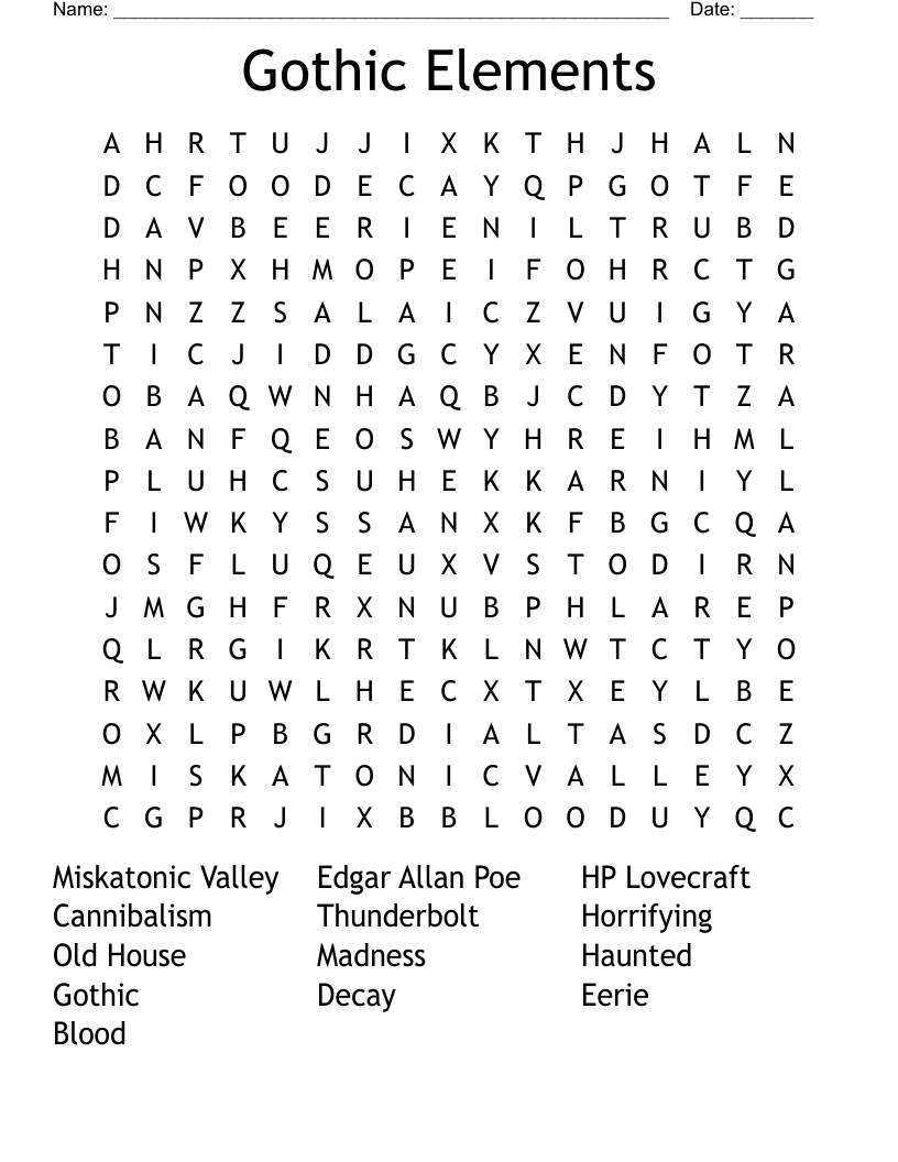 Gothic Elements Word Search
