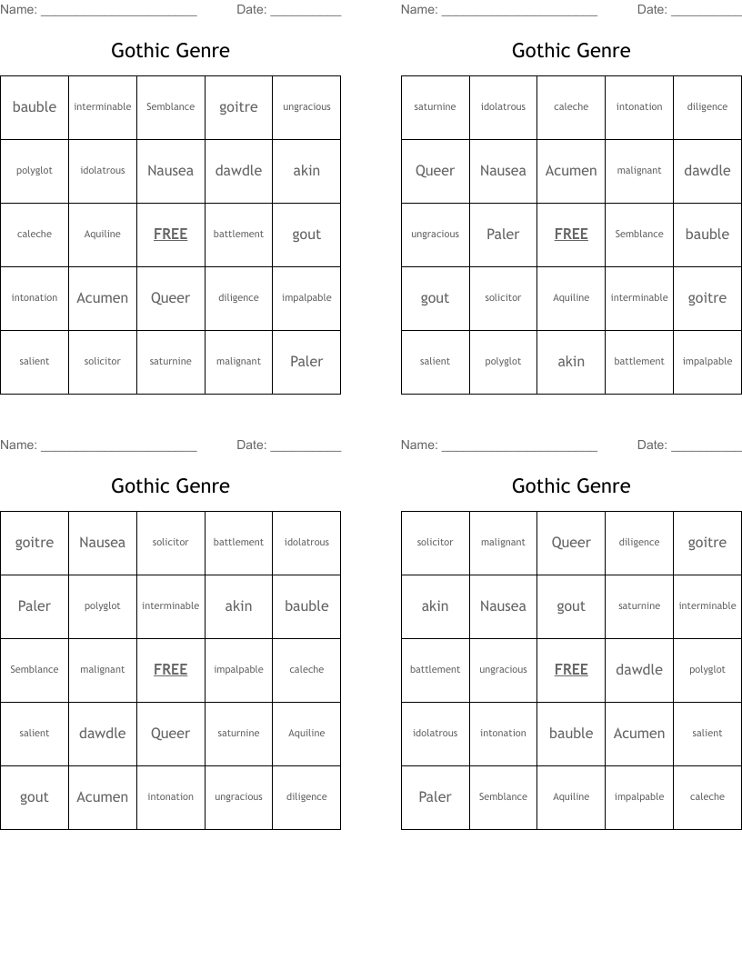 Gothic Genre Bingo Cards