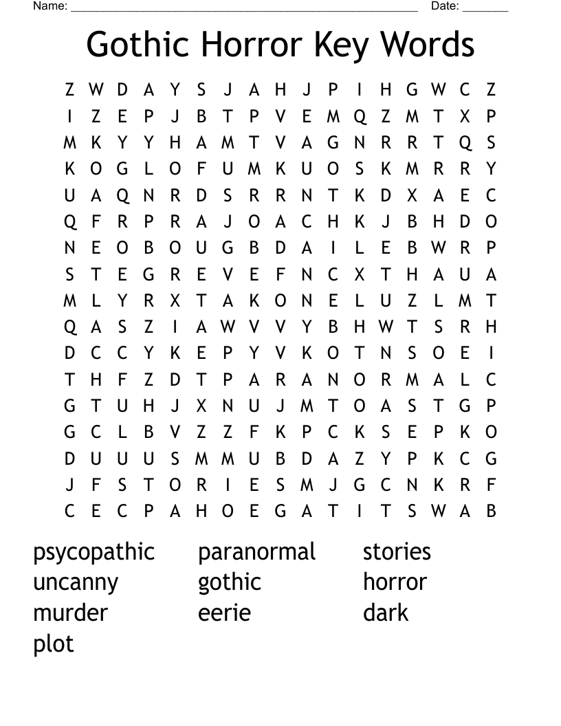 Gothic Horror Key Words Word Search