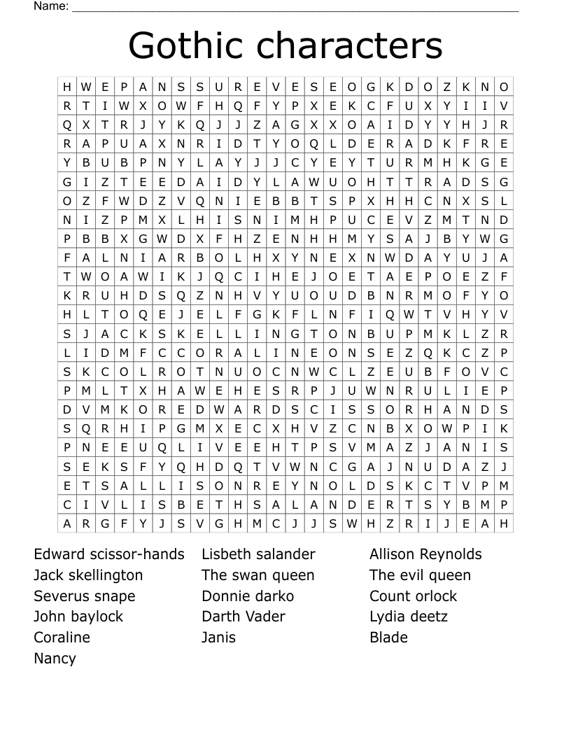 Gothic characters Word Search