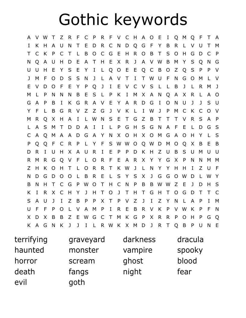 Gothic keywords Word Search