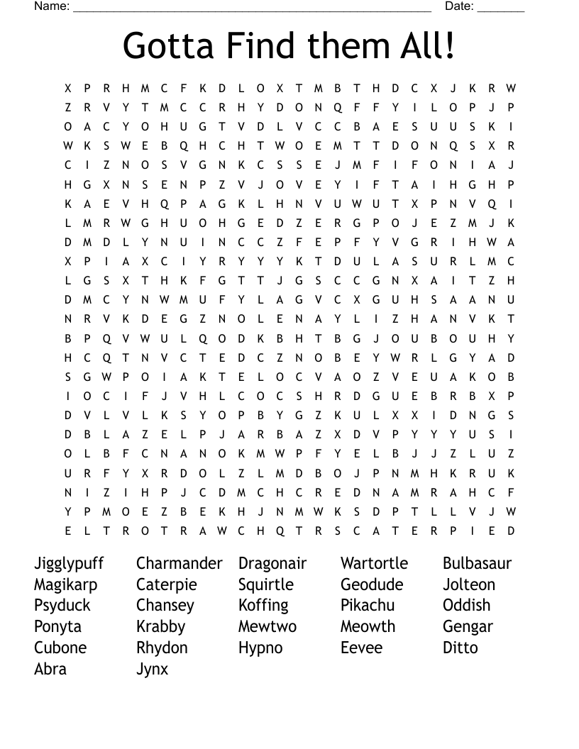Gotta Find them All! Word Search