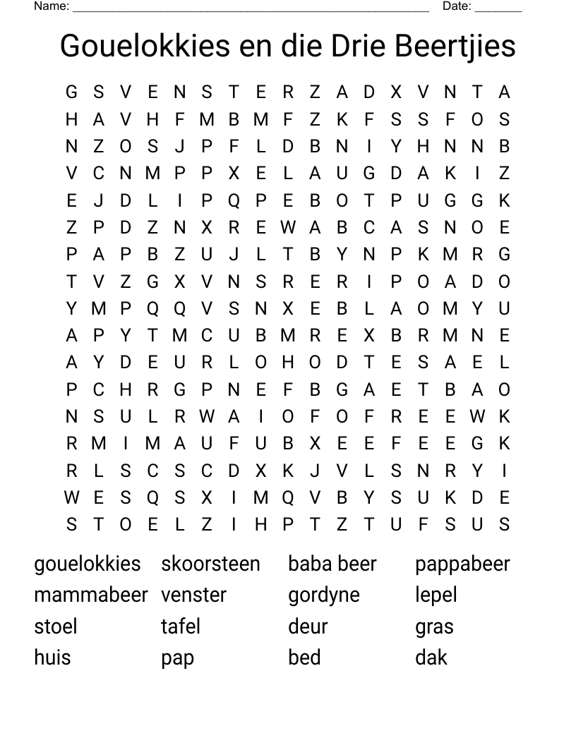 Gouelokkies en die Drie Beertjies Word Search