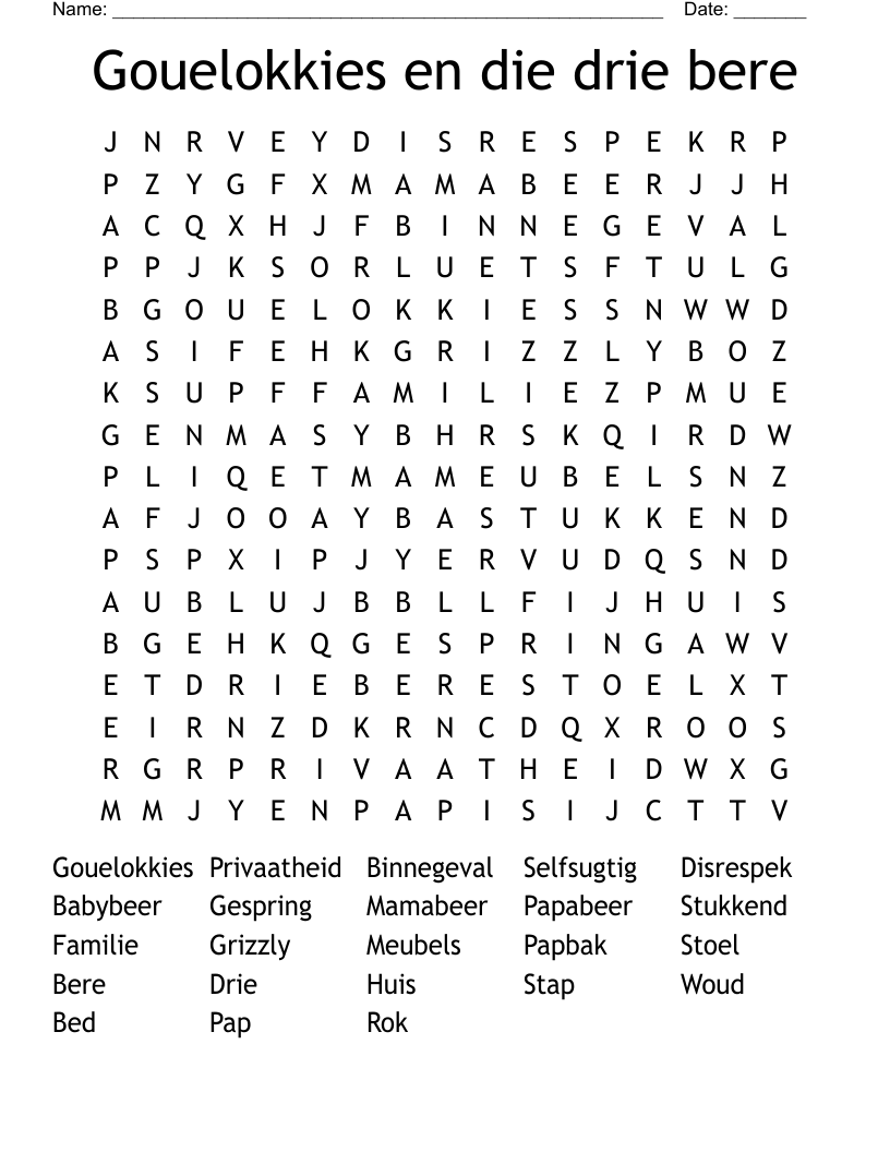 Gouelokkies en die drie bere Word Search