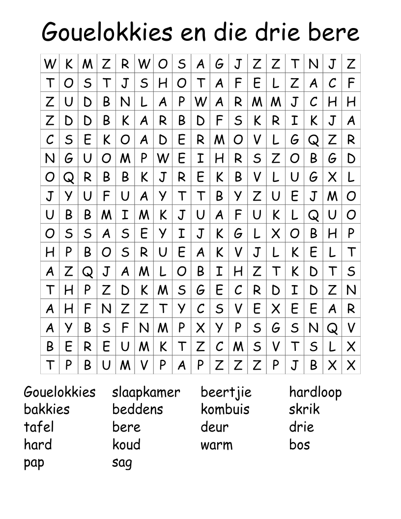 Gouelokkies en die drie bere Word Search