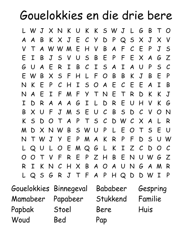Gouelokkies en die drie bere Word Search
