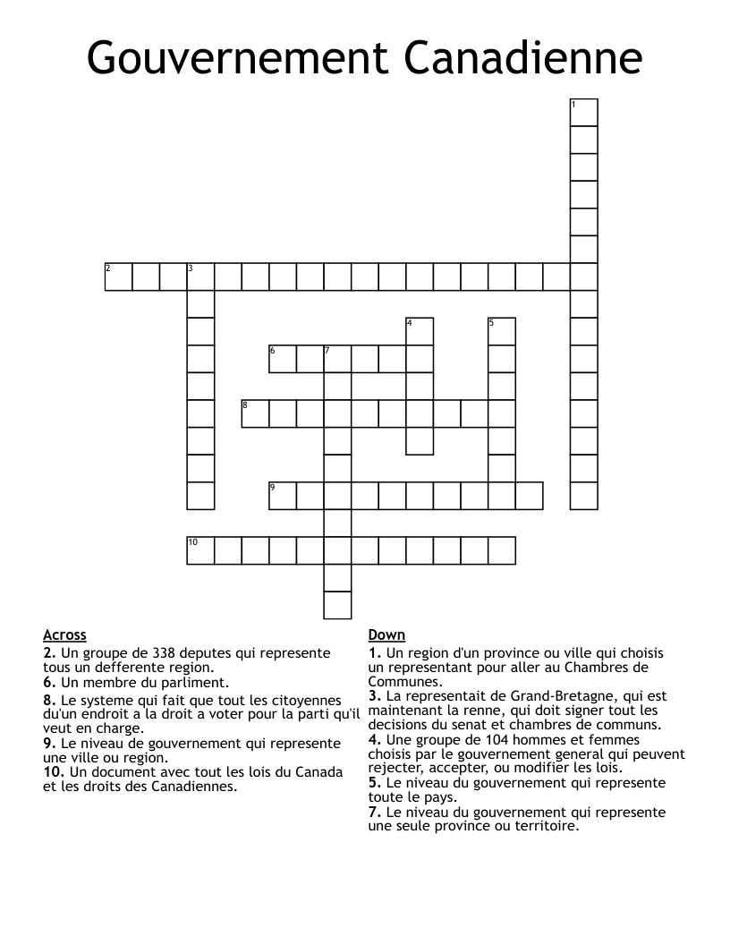 Gouvernement Canadienne Crossword