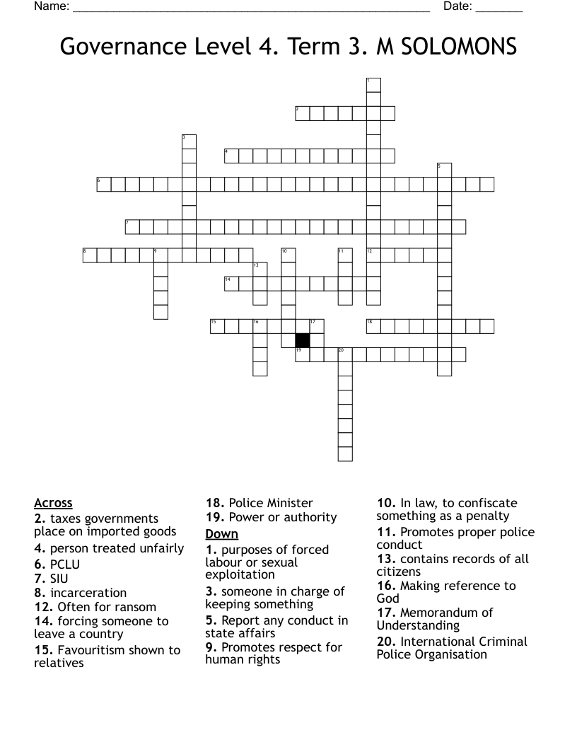 Governance Level 4. Term 3. M SOLOMONS Crossword