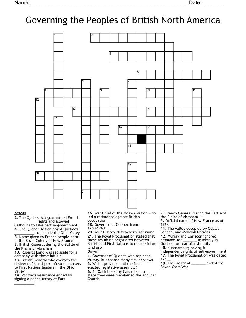 Governing the Peoples of British North America Crossword