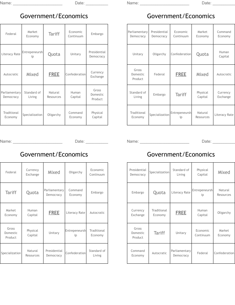Government/Economics Bingo Cards