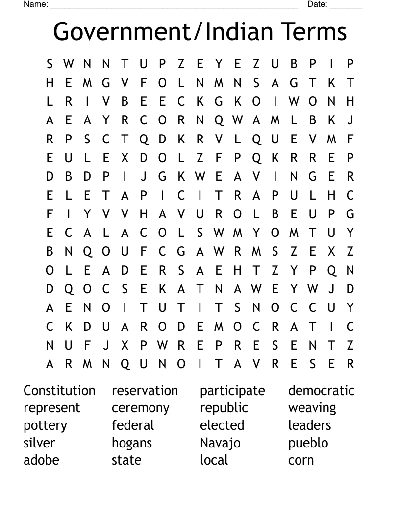 Government/Indian Terms Word Search