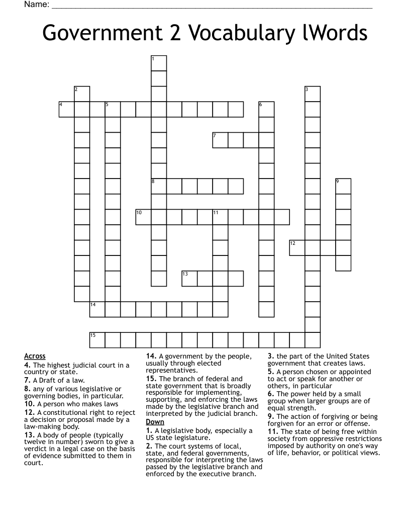 Government 2 Vocabulary lWords Crossword