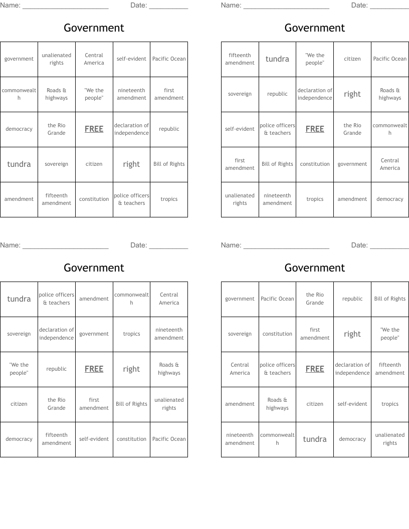 Government Bingo Cards