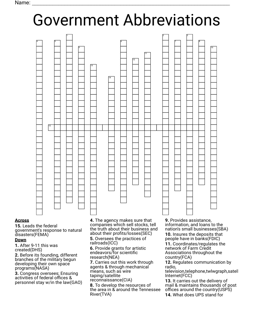 Government Abbreviations Crossword