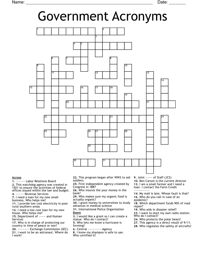 Government Acronyms Crossword