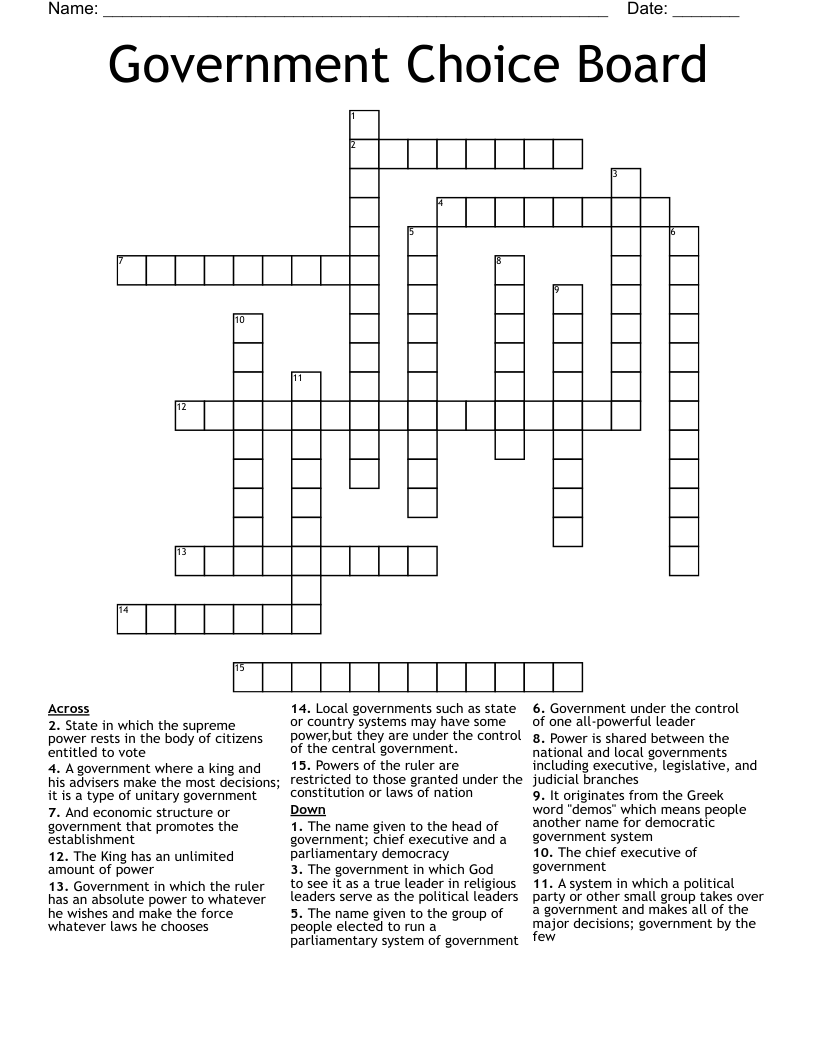 Government Choice Board Crossword