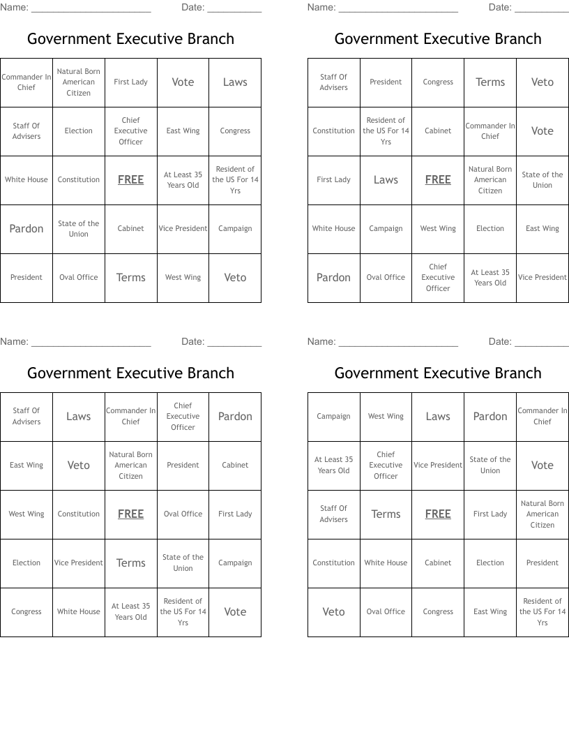 Government Executive Branch Bingo Cards