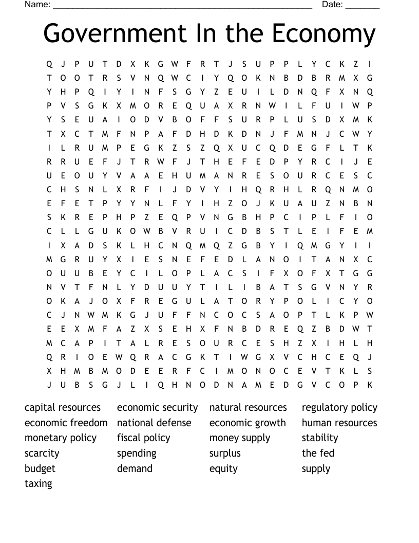 Government In the Economy Word Search