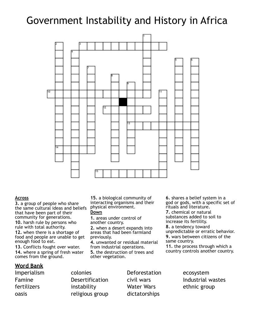 Government Instability and History in Africa Crossword